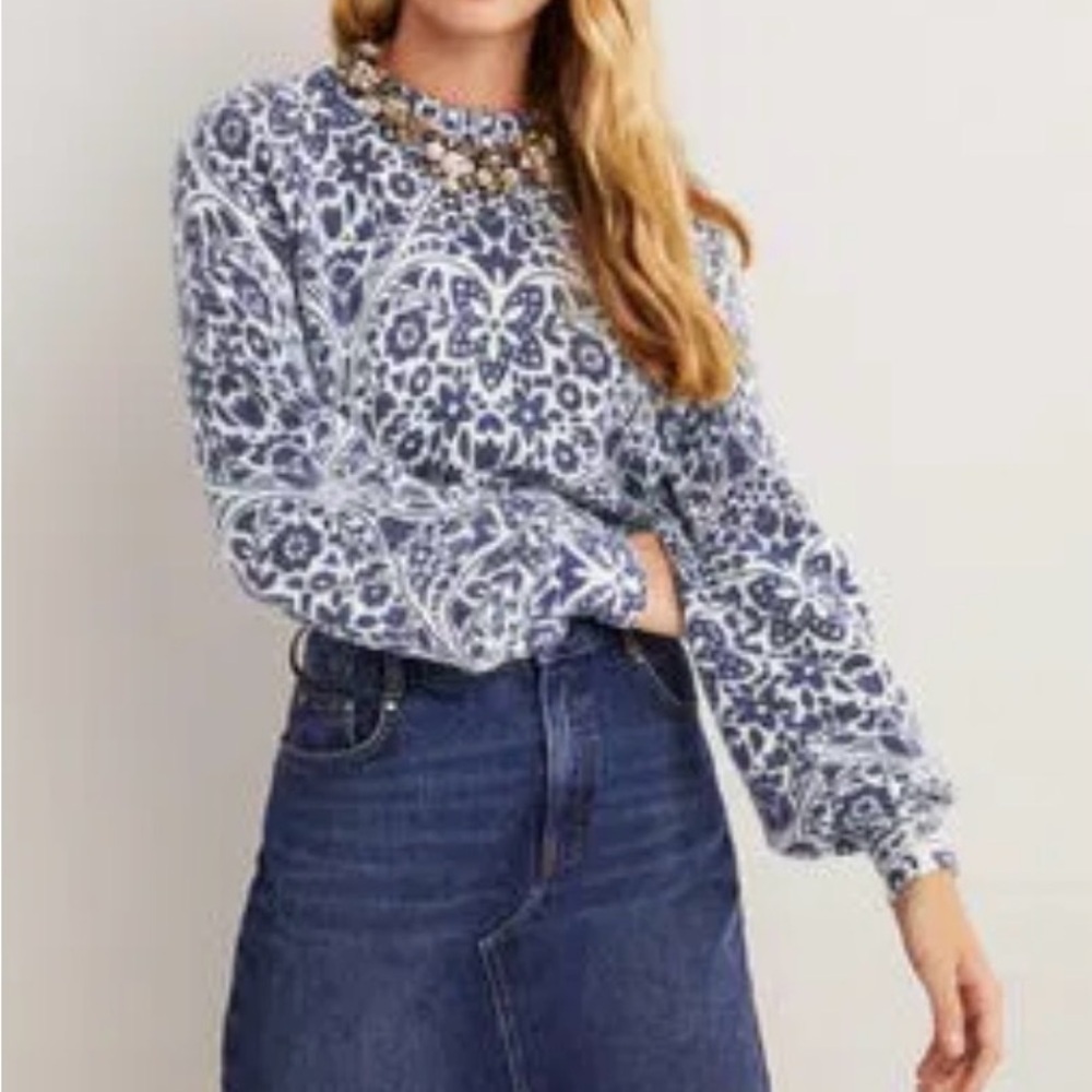 Boden Blouson Sleeve Fluffy Wool Alpaca Blend Sweater Blue Floral Print Sz 14